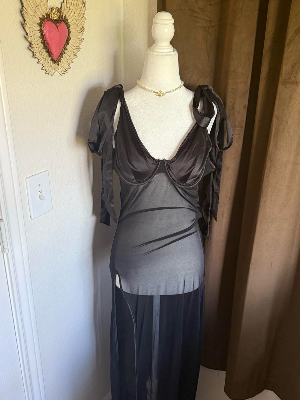 NWT Fredericks of Hollywood Sheer Black Satin-Trim Maxi Dress with Bow Shoulders